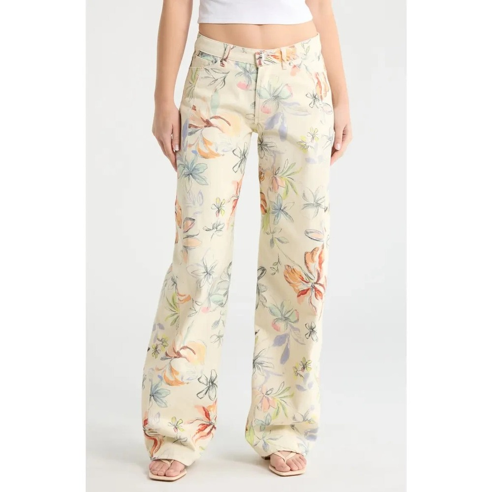 NEW Steve Madden Rori Barrel Jeans Floral Print Womens Size 27 Vintage Ivory